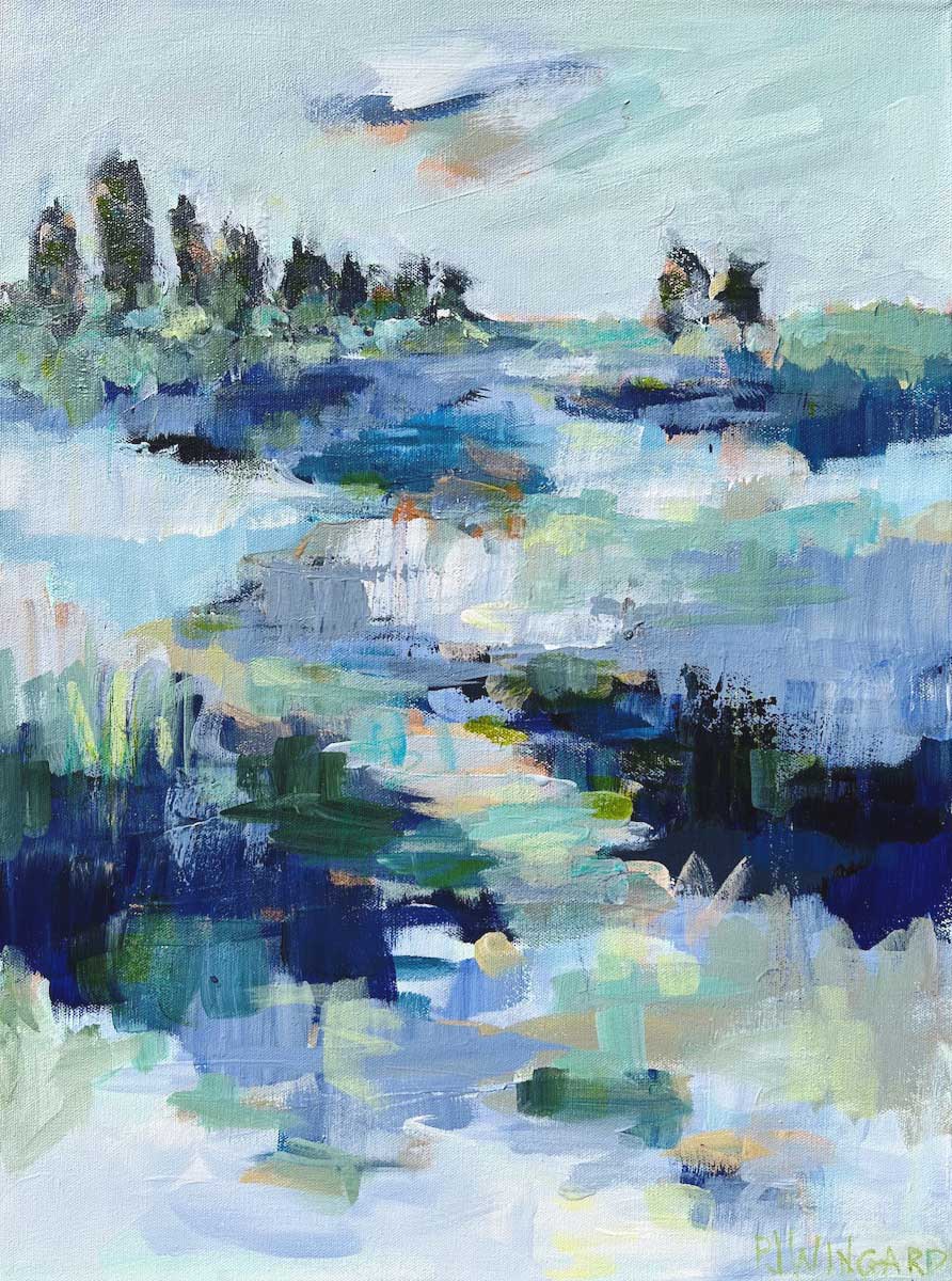 Abstract coastal painting by Pamela Wingard. 24" x 18". Gallery depth canvas with side painted. Wired and ready to hang.