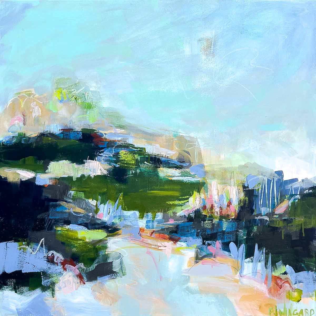 Large coastal abstract painting by Pamela Wingard Fine Art. 36 x 36. Gallery depth canvas with side painted. Wired and ready to hang.