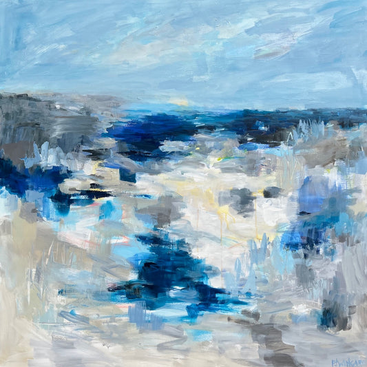 Abstract coastal painting by Pamela Wingard. 48" x 48". Gallery depth canvas with side painted. Wired and ready to hang.