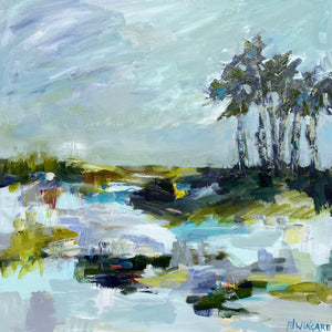 Abstract coastal painting by Pamela Wingard. 36" x 36". Gallery depth canvas with side painted. Wired and ready to hang.