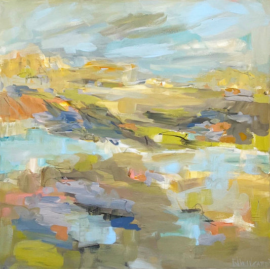 Abstract coastal painting by Pamela Wingard. 36" x 36". Gallery depth canvas with side painted. Wired and ready to hang.