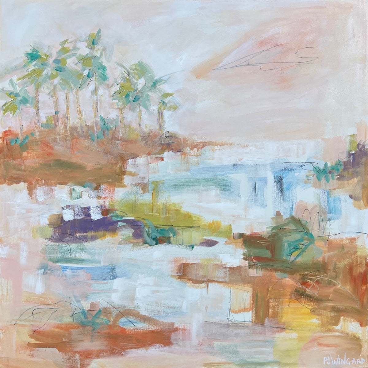 Abstract coastal painting by Pamela Wingard. 48" x 48". Gallery depth canvas with side painted. Wired and ready to hang.