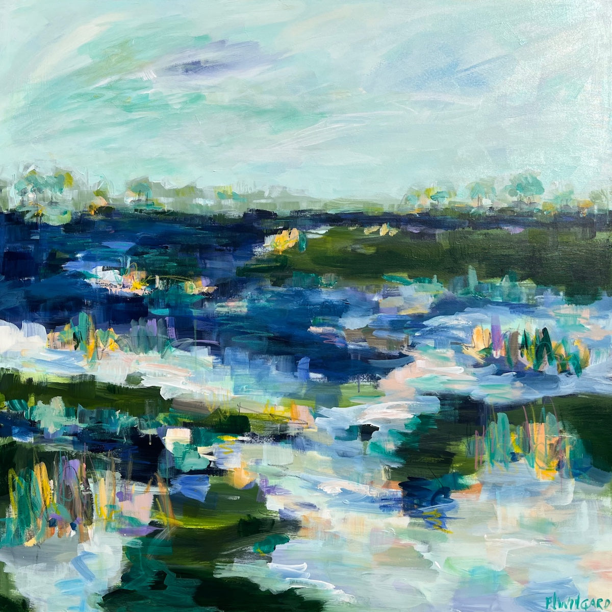 Abstract coastal painting by Pamela Wingard. 48" x 48". Gallery depth canvas with side painted. Wired and ready to hang.