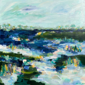 Abstract coastal painting by Pamela Wingard. 48" x 48". Gallery depth canvas with side painted. Wired and ready to hang.