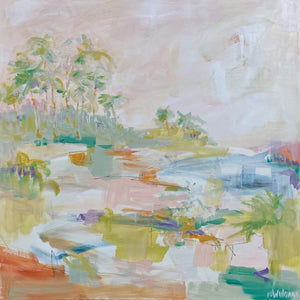 Abstract coastal painting by Pamela Wingard. 48" x 48". Gallery depth canvas with side painted. Wired and ready to hang.