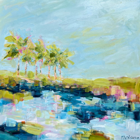 Abstract coastal painting by Pamela Wingard. 36" x 36". Gallery depth canvas with side painted. Wired and ready to hang.