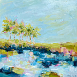 Abstract coastal painting by Pamela Wingard. 36" x 36". Gallery depth canvas with side painted. Wired and ready to hang.