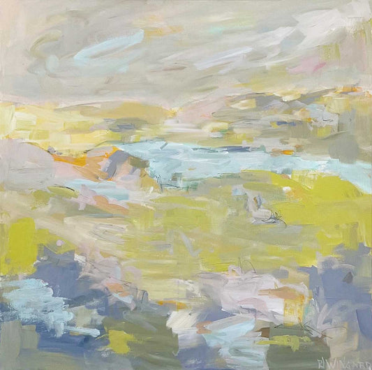 Abstract coastal painting by Pamela Wingard. 36" x 36". Gallery depth canvas with side painted. Wired and ready to hang.